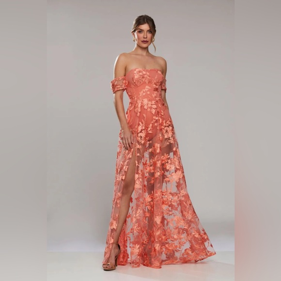 ELEGANT CORAL COUTURE STRAP CORSET FLORAL EMBROIDERY GOWN - Picture 1 of 7